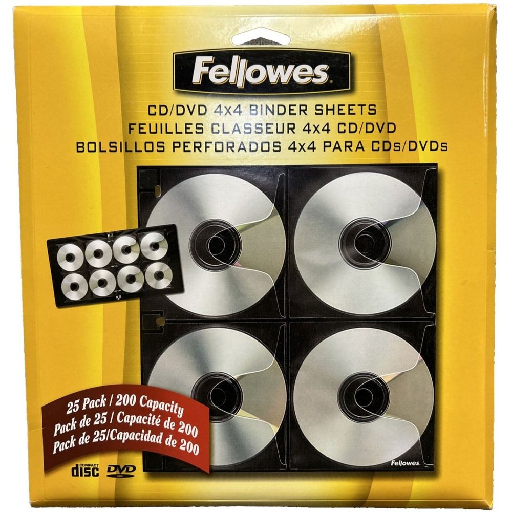 NEW Fellowes CD/DVD 4X4 Binder Sheets Double Sided Sleeves Holds 200 Discs